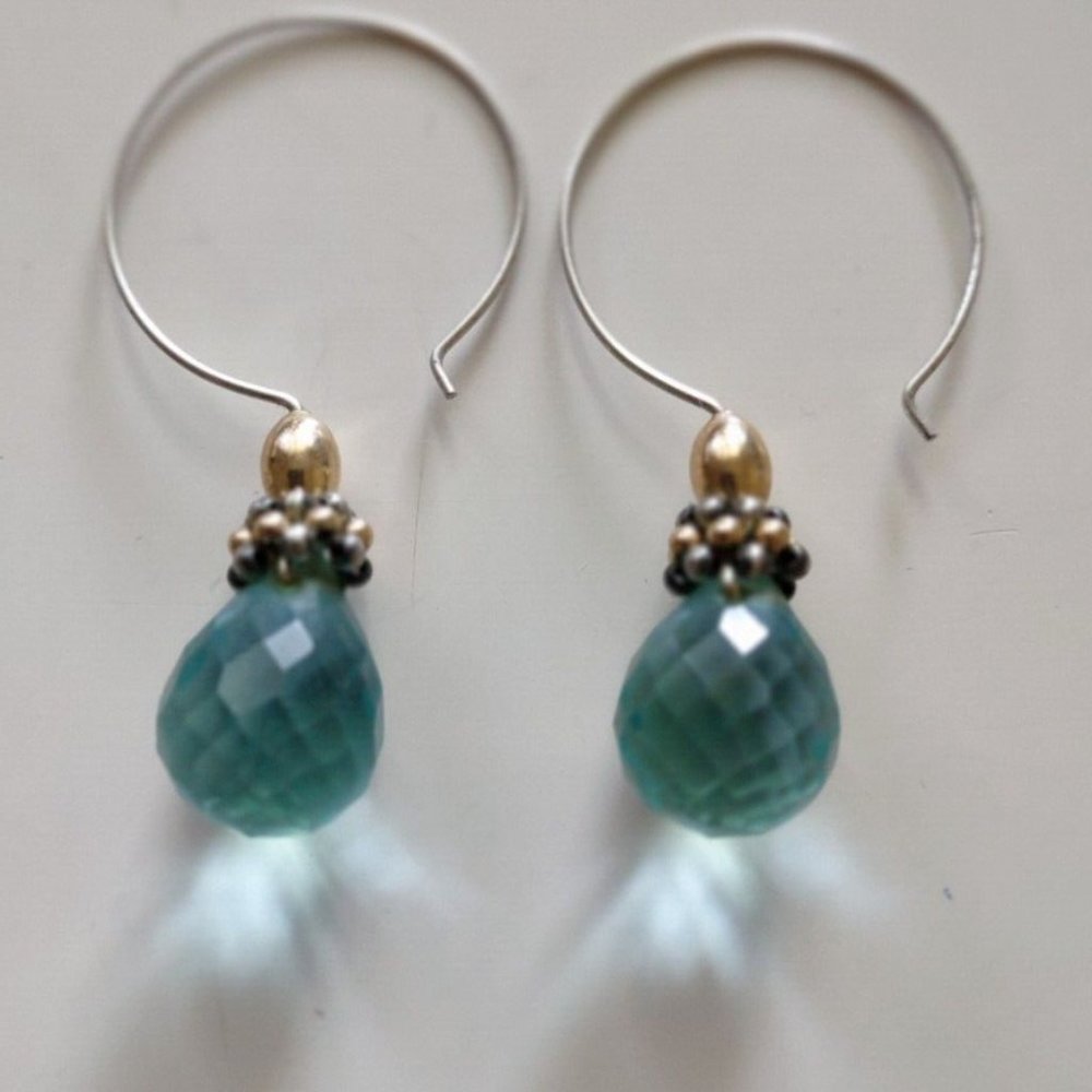 Teardrop Cut Aqua Glass Silver Hoop Dangle Earrings Approximately 2" tall - Picture 1 of 7